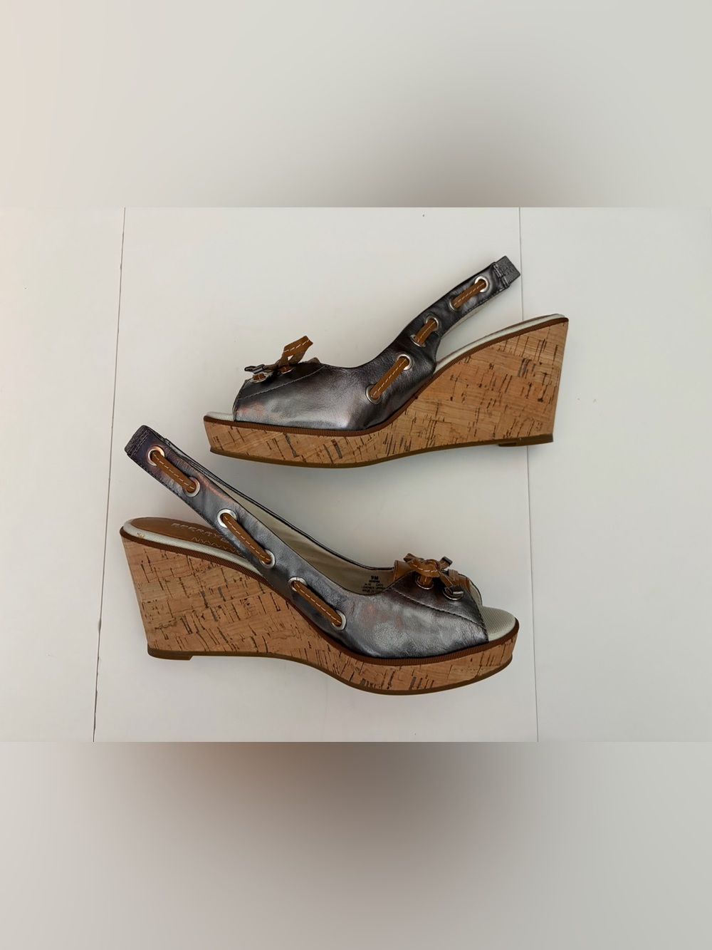 Sperry Y2K Top-Sider Southampton Pewter Leather Wedge Slingback Sandals Sz 9